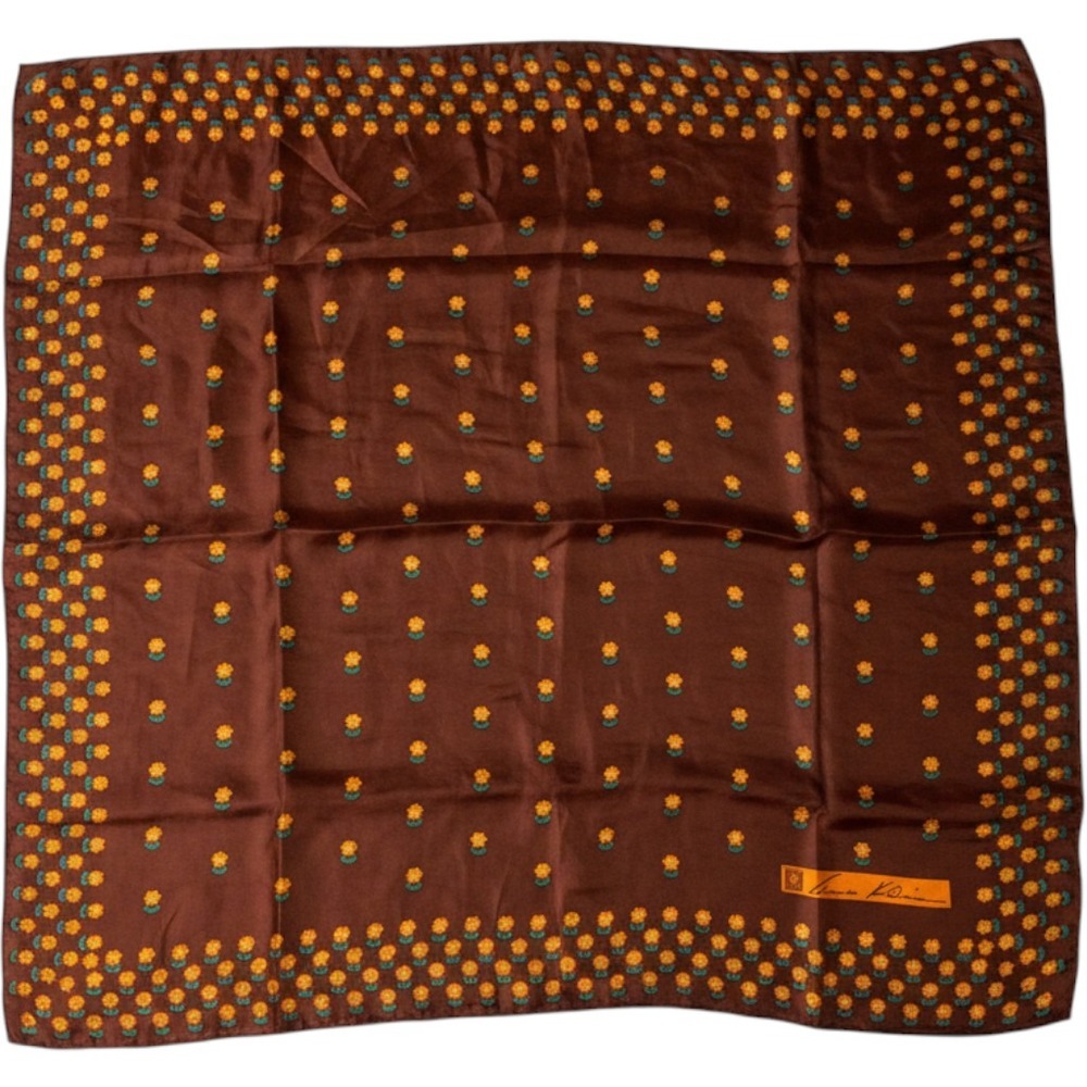 Anne Klein Scarf 25x25 Brown Orange Floral Print Square Retro Mod 70s Designer